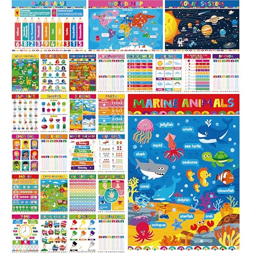 28 Educational Posters for Kids, All-in-One Set Learning Posters-Alphabet, Animals, Multiplication Chart, USA, World Map, Shapes, PET Film Coated School Supplies For Kindergarten, Preschool, Classroom - color: 28 Educational Poster -A