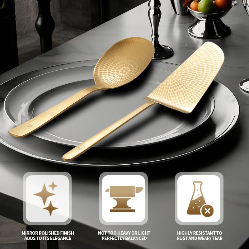 Gold Kitchen Set, 11-inch Cake Spatula and 10-inch Serving Spoon with Storage Bag, Stainless Steel