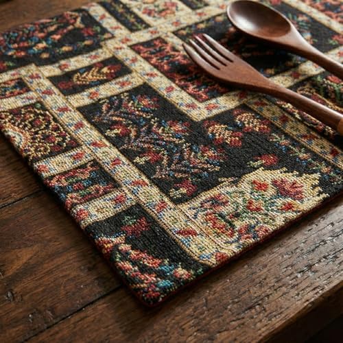 DaDa Bedding Turkish Batik Mughal Floral Tapestry Set of 4 Placemats - Woven Cotton Linen Kitchen Dining Table Mats - Multi-Colorful Black Vintage Indian Garden Ornament Dark Botanical - 13” x 19” - color: Dark Botanical