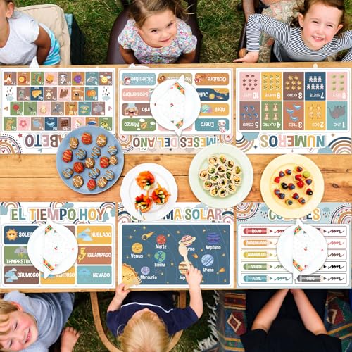 Spanish Educational Placemats Set of 6 Kid Plastic Table Mat 17×13×0.04in - style: Spanish Educational Preschool