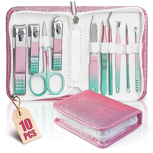 WOAMA Manicure Set Travel Nail Clippers 10-Piece Toenail Clippers Pedicure Kit Stainless Steel Nail Kit for Women - Rainbow