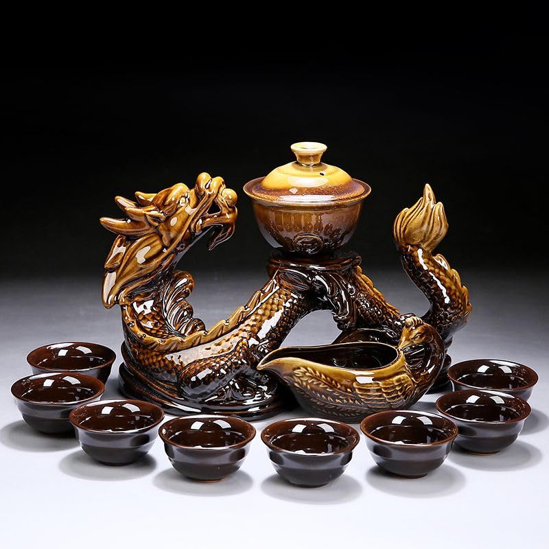 Chinese Gongfu Tea Set - Ceramic Teapot with Infuser, 8 Cups, Semi Automatic Dragon Design for Loose Leaf Tea - color: Yellow Dragon