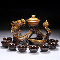 Chinese Gongfu Tea Set - Ceramic Teapot with Infuser, 8 Cups, Semi Automatic Dragon Design for Loose Leaf Tea - color: Yellow Dragon