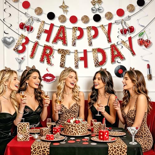 Paper Jazz Leopard Print Birthday Decorations, 11Pcs Cheetah Party Banner with Cherry & Red Accents Swirl for Animal Print Themed Party, Cherry Decorations Supplies for Happy Birthday - color: Leopard print