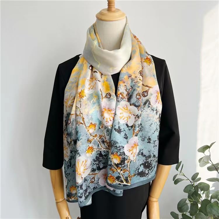 ANDANTINO 100% Silk Long Scarf-Women Large Oblong Shawls with Gift Packed - color: Gold&blue