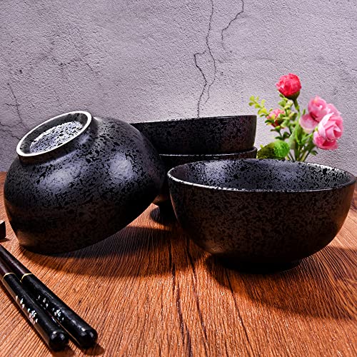 Japanese Ceramic Rice Bowl Set of 4,4.5 Inch Speckled Black Small Bowls - color: Black