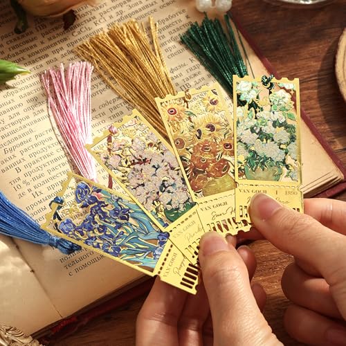 4 Pieces Metal Bookmarks with Tassel, Golden Hollow Bookmark Monet Oil Painting Theme Book Mark Bookmarks for Book Lovers Writers Readers Children Teens for Women Teen Adults - style: 4Pcs Stamp