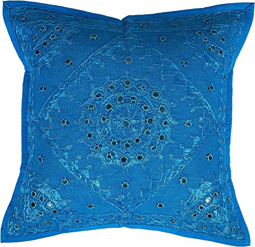 Embroidered Decorative Throw Pillow Cover with Mirrors, Handmade Bohemian Accent Cushion Case for Sofa Couch Bedroom Living Room Boho Chic Pillow Cover (Color : Turquoise Size-18 x 18) - color: Turquoise, size: 18" x 18" (Pack of 1)