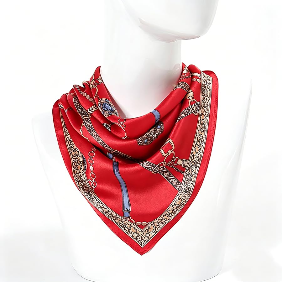 ANDANTINO 100% Mulberry Silk Scarf -21” Square Neckerchief with Gift Packed - color: Chains-gold&red