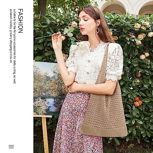 hatisan Crochet Bag for Women, Handmade Knit Beach Tote Bag Summer - color: Khaki
