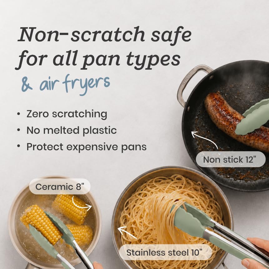 Starpack Get a Grip Silicone Kitchen Tongs (2-Pack, 9" + 12") - LFGB Non Toxic, 600°F Heat Resistant, BPA-Free - Heavy-Duty Stainless Steel, Locking - Dishwasher Safe for Nonstick Cookware - color: Sage Green, size: Set of 2 (9" & 12")