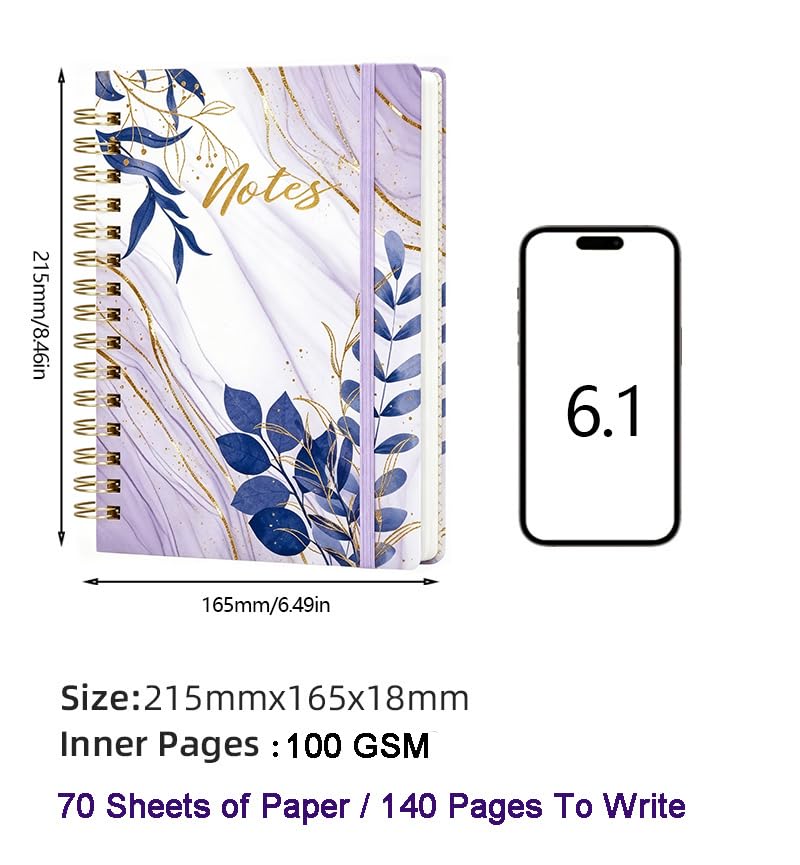 A5 Spiral Notebook Lined Planner Notepad Purple Writing Journal for Girls - color: Purple Leaf