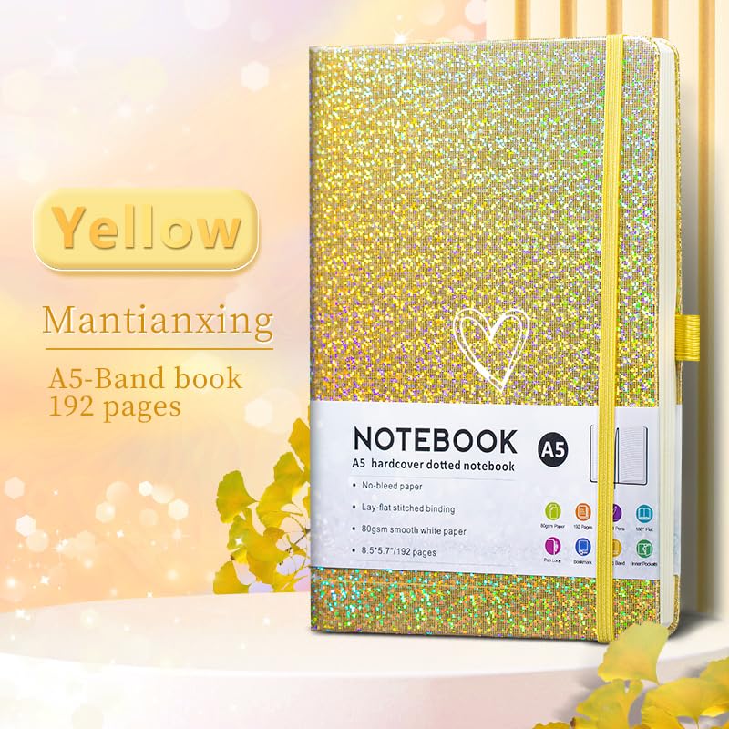HJWKJUS Bling A5 Notebook with Pen, Lined Journal Notebook A5 Notepad for Girls Women,Cute Heart Pattern Design Glitter Laser Diary College Ruled Hardcover Notebook for Work, Note Taking, Business (Yellow) - color: Yellow