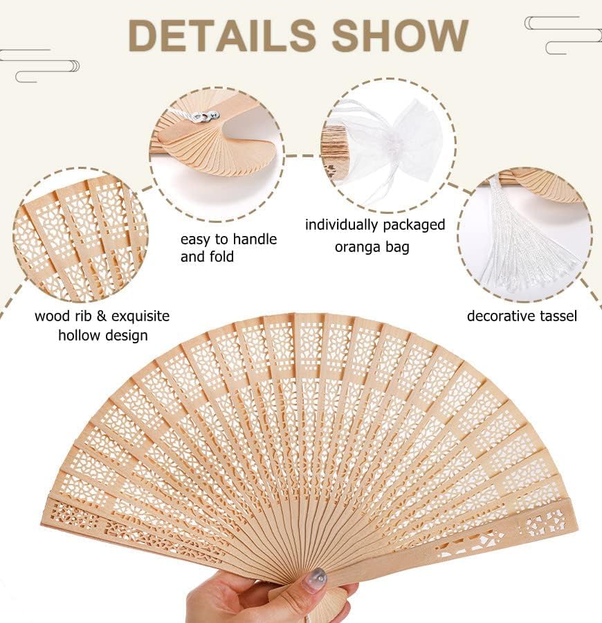ZOOFOX 25 Pieces Sandalwood Fans, Wooden Handheld Folding Fan with Tassels and Present Bags, Vintage Hand Fan for Wedding Favors, Dancing Party, Baby Shower, Birthday Party Supplies