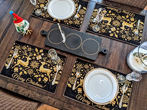 DaDa Bedding Set of 4-Pieces Magical Golden Reindeer Tapestry Placemats - Starry Winter Snowflake Festive Merry Christmas Holiday Yellow & Black - Needle Stitched Woven Table Mats - 13” x 19” - color: Magical Deer
