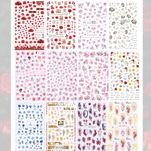 Rose Flower Nail Stickers Decals 12 PCS Romantic Red Pink Rose Nail Art Stickers 3D Self-Adhesive Floral Blossom DIY Designs for Valentine's Day Manicure Decoration Nails Supplies Accessories - style: Rose Flower Style