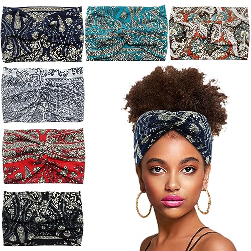 Wide Headbands for Women Girls, Large Bandana Boho Headbands Workout Yoga Running Hair Bands for Women's Hair, Non Slip Sweat Head Bands,Pack of 6 - color: Bandana Boho