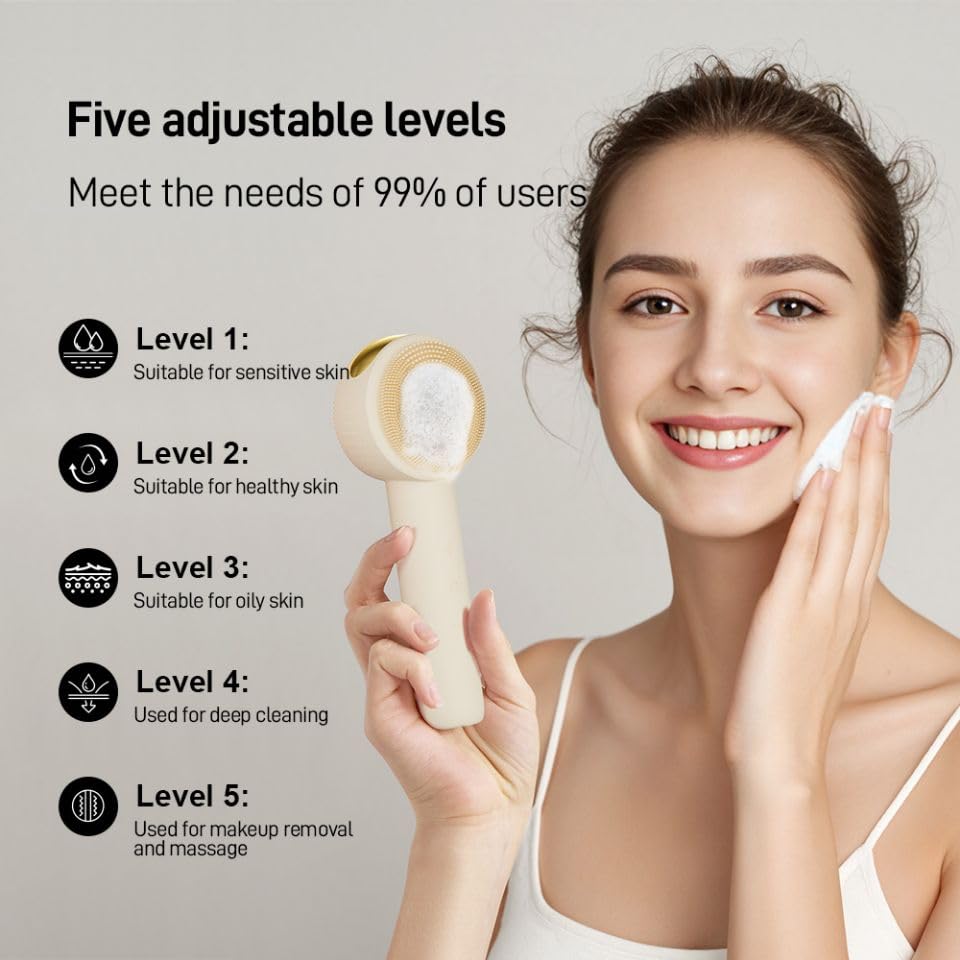 Face Cleansing Brush – Silicone Sonic Facial Cleansing Brush, Gentle Warming Vibration, 5 Custom speeds, Waterproof and Rechargeable- Deep Pore Cleansing Face Scrubber for All Skin Types