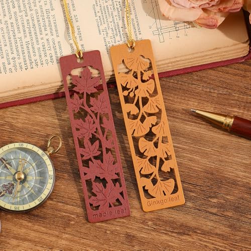 icceemee 2pcs Wooden Bookmarks with Red Maple & Ginkgo Foliage Design - Autumn Themed Book Markers for Women, Men, Readers - Unique Gift for Book Lovers - style: Red Maple & Ginkgo