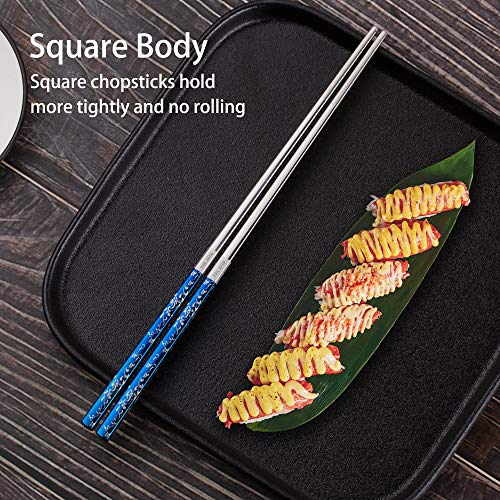 Titanium Plated Chopstick Stainless Steel Chopsticks Metal Chopsticks Reusable Dishwasher safe Premium Laser Engraved Chop Sticks for Eating 2 Pairs Gift Set Blue Silver - color: Blue silver