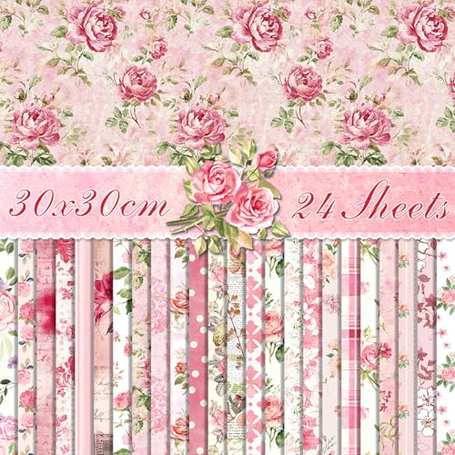 Pink Scrapbook Pattern Paper Pink Flower Junk Journal Papers Pad 12×12,24 Sheets Double-Sided Bobo Floral Scrapbooking CardStock Paper Pad for Holiday Cardmaking DIY Papers. - color: WW212