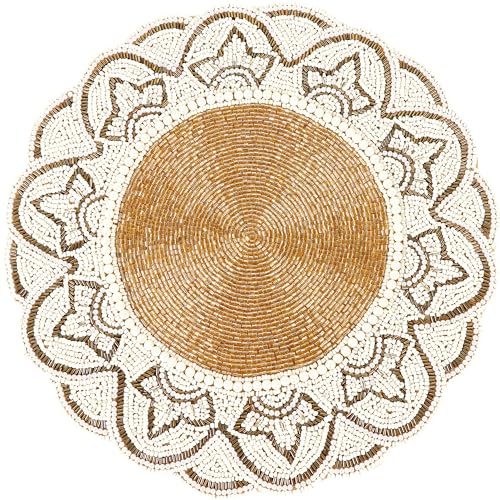 Hand Beaded Table Mats 13 Inch Round Charger Plate - Elegant Glass Beaded Placematss for Dining Table, Coffee Table, Kitchen Décor, Holiday, Wedding & Special Events (Gold Ivory) - ALPHA Living HOME - color: Gold Ivory, size: Set of 1