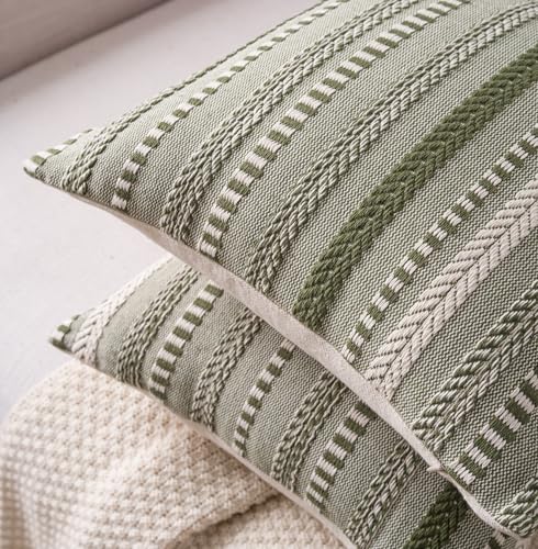Cethom Boho Throw Pillow Covers 18x18 Inch Set of 2, Farmhouse Decorative Couch Pillow Cases, Green Accent Pillows of Bed, Sofa Bedroom Living Room Home Decor Cushion Cover - color: Green, size: 18" x 18" (Pack of 2)