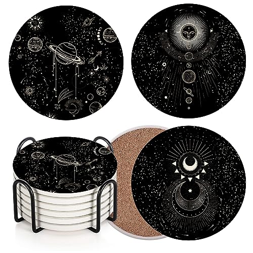 Coasters for Drinks, Set of 6, Ceramic Stone Moon Zodiac - color: Sun Moon