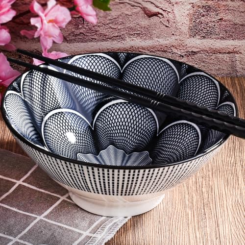 Ceramic Ramen Bowl Set of 2, 7'' Large Soup Bowls, Black