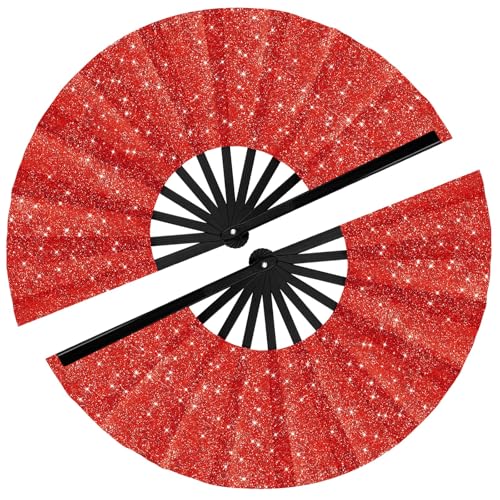 Maitys 2 Pack Foldable Fans for Rave Dancing,Red,Glitter Pattern - color: Red, style: Glitter Pattern