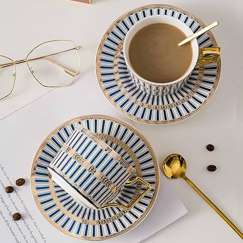 CwlwGO-Ceramic Coffe Cups and Saucer Sets,British Bone China Blue Gold Tea Cup and Saucers Service for 4,Gifts Box, China Tea Set, Tea Sets for Women and Adults. - color: Blue