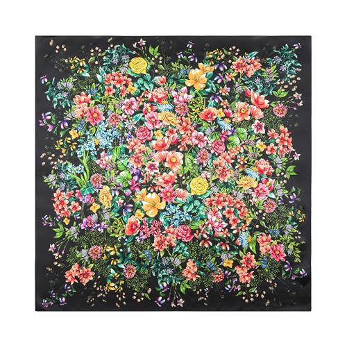 100% Mulberry Silk Scarf - 25.6" Square Neckerchief & Headscarf Gift Packed - color: Black-garden