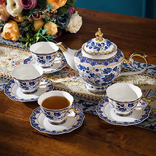 ACMLIFE Tea Sets for Adults, Tea Sets for 4 - Tea Pot Sets Blue, Porcelain Tea Sets for Women with 24K Gold, Fine Bone China, Vintage British Sets for Luxury Gift, Mother's Day(Blue and White) - color: Blue and White