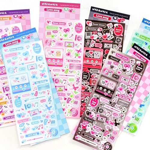 6 Sheets Colorful Cute Korean Deco Stickers Set - Kpop Photocard Self Adhesive Music Note Butterfly Heart Sticker for Journal Scrapbook Kids Scrapbooking Journaling