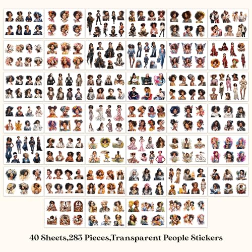 Bomichi Black Girl Sticker Book, 40 Sheets 283 Pcs Journaling Scrapbooking Stickers for Journaling Scrapbooking Bullet Journals Planners Letter Card Making Collage Art Crafts Water Bottle - color: Black Girl Stickers-1