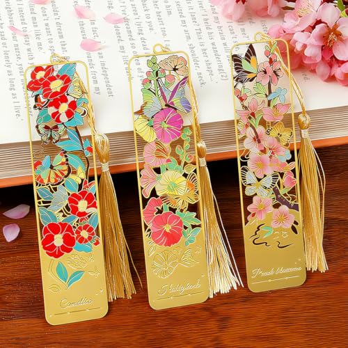 Kinsound Flower Book Marks with Tassel for Reading Women, Pretty Cute Hollow Butterfly Book Markers for Women, Kids,Teachers, Students, Reading Accessories Gifts for Book Lovers（3PCS-Style B） - style: Flower B
