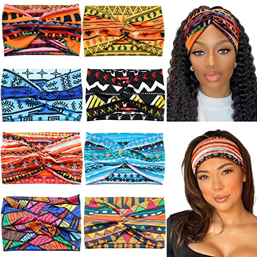 Wide African Headbands for Women Boho Twist Head Bands Elastic Turban Headwraps for Lady Yoga Sports Workout Stretchy Hairband,Pack of 8, (FDDK197-14) - color: African