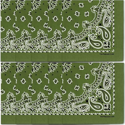 The Peacock Crew Premium Soft Cotton Bandanas Pack for Men and Women Paisley 22 x 22 inches - color: Pack of 10 Olive Green