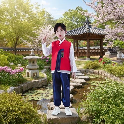 Boys Traditional Korean Dolbok Shirt Top Vest Costume Asian Pants Suit Set Outfit - color: Aqua Blue, size: 7-8 Years