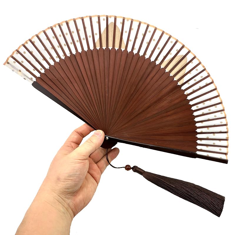 Cute Coffee Cat Face Folding Handheld fans for Women with Fabric Sleeve & Tassel, Handcrafted Decorative Bamboo Accessory, Japanese Style Portable Cooling Tool for Girls & Gifts, Opened 8.27x15 - color: Coffee Cat