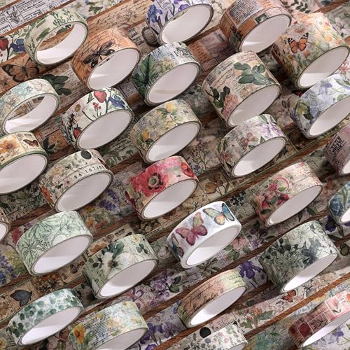 42 Rolls Vintage Washi Tape Set, Delicate Butterfly & Lush Floral Botanical Themed Writable Decorative Tapes with Retro Elements for Scrapbooking, Junk Journal Supplies, Bullet Journaling 5-25mm Wide - style: Botanical Style 3