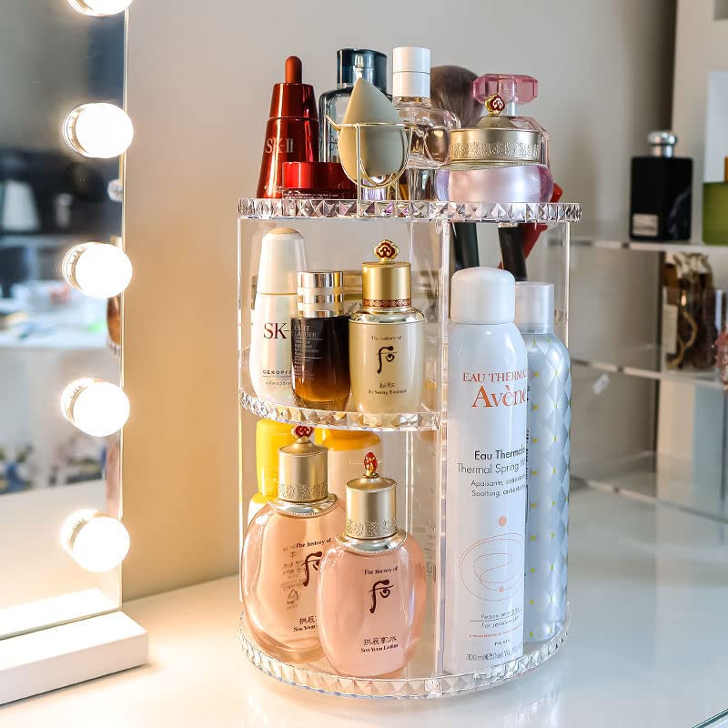 360 Degree Rotating Makeup Organizer, DIY 8 Adjustable Layers Spinning Skincare Organizer, Cosmetic Display Case with Brush Holder Perfume Tray