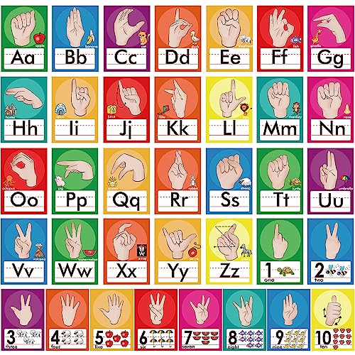 36 Pieces ASL Alphabet Line Bulletin Board Set ABC Number Sign Language Flash Cards Wall Decorations for Pre-School Kindergarten Elementary Classroom Nursery Homeschool (Bright Colors) - color: Bright Colors