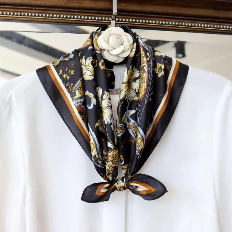 ANDANTINO 100% Mulberry Silk Scarf -21” Square Neckerchief with Gift Packed - color: Flowers-black