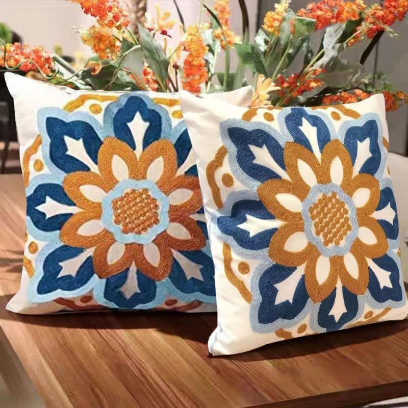 Embroidered Cushion Covers 18x18 Boho Pillows-Set of 2，Decorative Throw Pillow Covers for Sofa Couch Bedroom, Floral Farmhouse Accent, Cotton, Orange,Sunflower - color: Sunflower and Sunflower