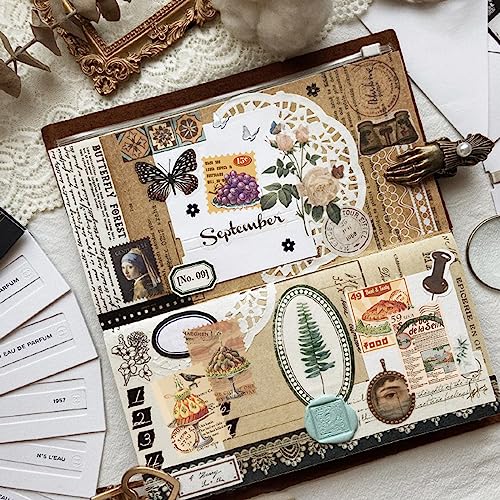 Prstincol 100 Pcs Scrapbooking Stickers,Food Stickers for Scrapbooking,Vintage Stamp Sticker for Journaling,Retro Poster Sticker for Water Bottle Laptop Phones Bullet Journal - style: Food and Poster 100 Pcs
