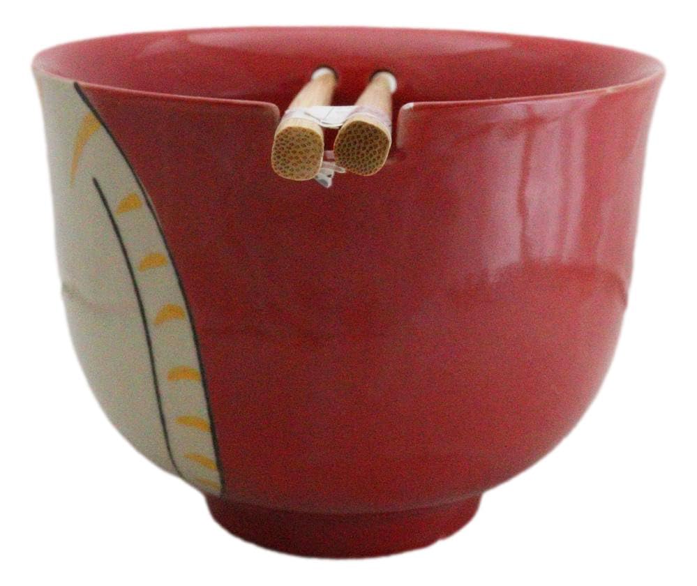 Ebros Gift Artistic Donburi Ramen Udon Noodles Soup Salad 5" D 18Oz Bowl With Bamboo Chopsticks And Built In Rest Set Asian Dining Kitchen Accent (Red Chubby Kitty Cat) - color: Red Chubby Kitty Cat
