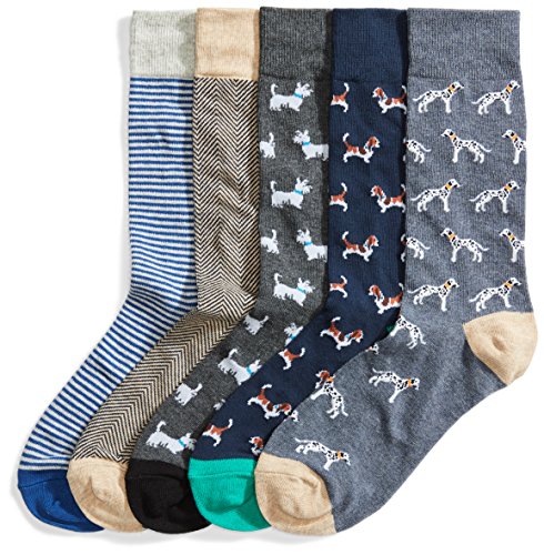 Amazon Essentials Men's Patterned Cotton Dress Crew Socks, 5 Pairs - color: Assorted Dogs, size: 8-12