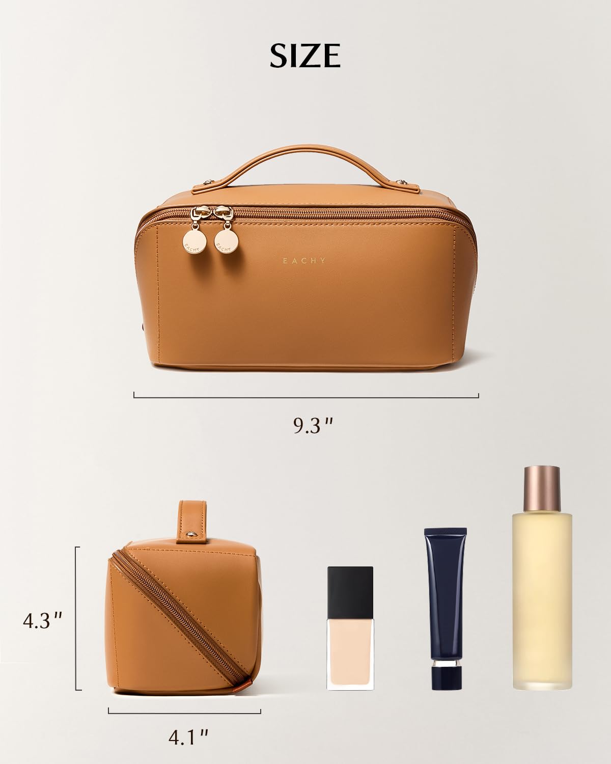 EACHY Travel Makeup Bag for Women, PU Leather Cosmetic Bag, Brown, Medium - color: F - Brown, size: Medium