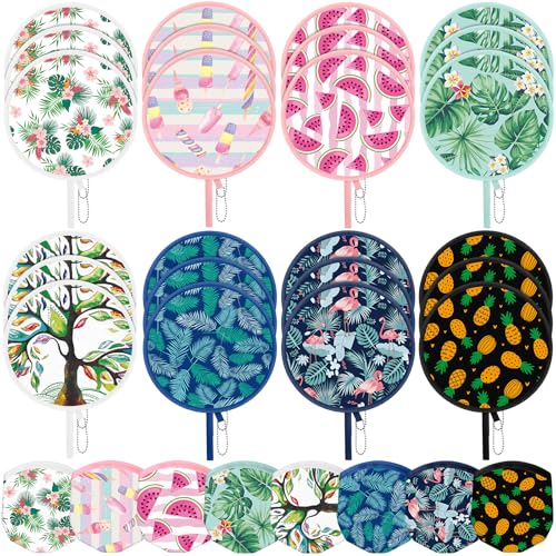 AceOrbit 24 Pcs Hawaiian Round Foldable Hand Fans, Summer Beach Folding Fans Watermelon Print Handheld Cooling Fan with Pouch, Tropical Palm Leaf Summer Pop up Fan for Beach Party Favors Decoration - style: Fruit Flower